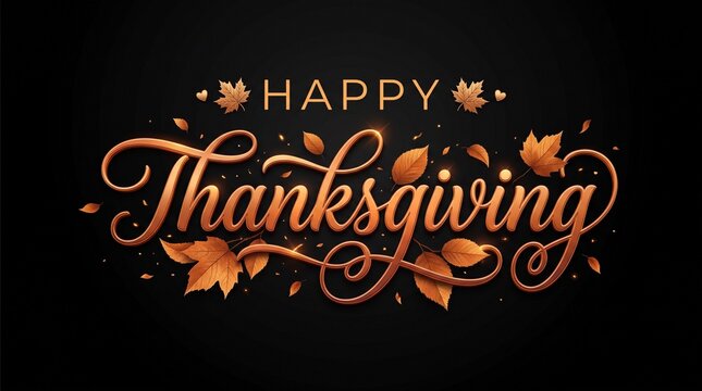 Elegant golden typography celebrating happy thanksgiving holiday featuring glowing metallic cursive lettering and autumn leaves floating across dark background for seasonal greeting card design