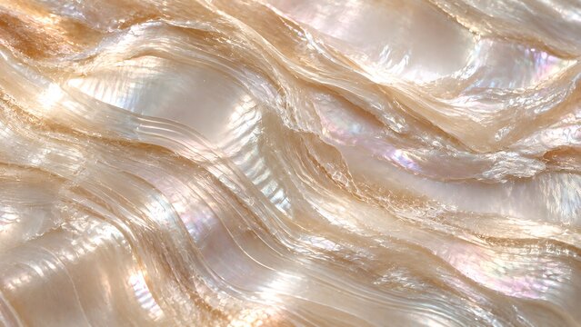 Close-up of a shimmering, iridescent mother-of-pearl surface with wavy, organic textures and soft, reflective light.