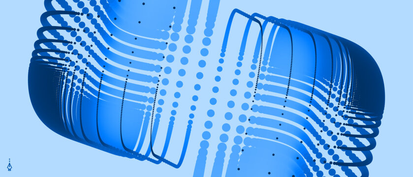 A cubic figure cut in half and the parts offset. Technological background. Pulsating electrical energy in multilayered movement. Cold neon glow effect. Industrial style for digital projects. 3D vector