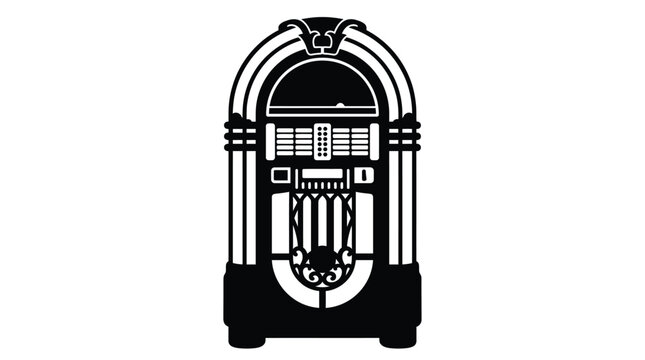 Vintage jukebox silhouette against a white background features classic design elements