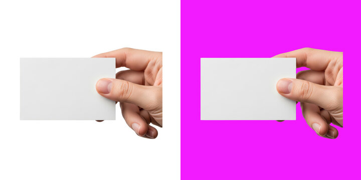 Human hand holding a blank white business card for design advertisement mockups transparent background, png