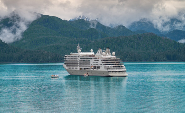 Alaska, United States - July 13, 2026: Luxury Cruise Ship Silver Moon of Silversea Cruises Sailing in Bay of Sitka Sound in Alaska