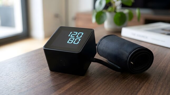 Modern Cube Shaped Digital Blood Pressure Monitor with LED Screen and Black Arm Cuff