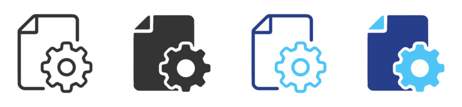 Document settings icon set, paper file with gear in line and solid styles on transparent background
