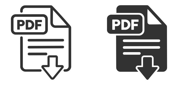 PDF download icons, document file with download arrow in outline and filled styles on transparent background
