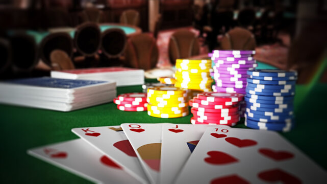 Poker royal flush hand and casino hands standing on poker table. 3D illustration