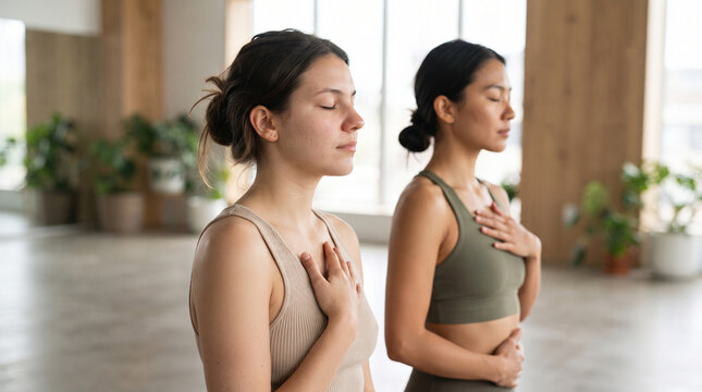 Two women practicing yoga breathing exercises and mindfulness in a studio