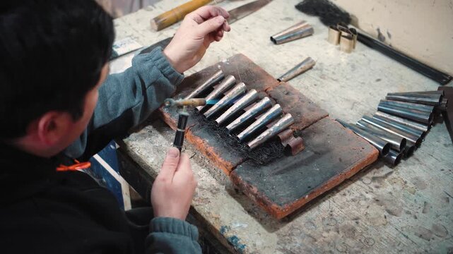Latino knife maker working with metal and nickel silver in his workshop. Concept of traditional craftsmanship, knife making, metalworking, artisanal production, skilled manual labor, precision, and pr