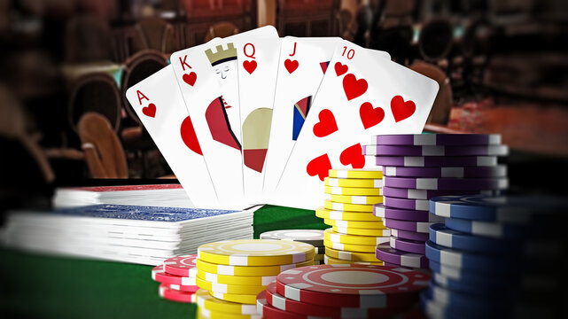 Poker royal flush hand and casino hands standing on poker table. 3D illustration