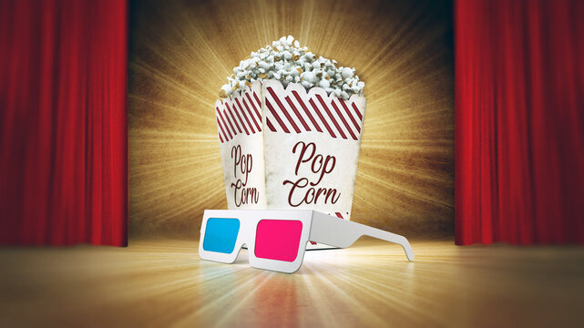Vintage popcorn and 3D anaglyph glasses on grungy background. 3D illustration