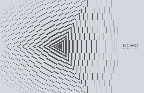 Abstract lines form a dynamic pattern. Triangles radiate inward in precise, repeating thin stripes. Geometry with structure, focus, and technological flow. A tunnel of optical illusion. Vector.