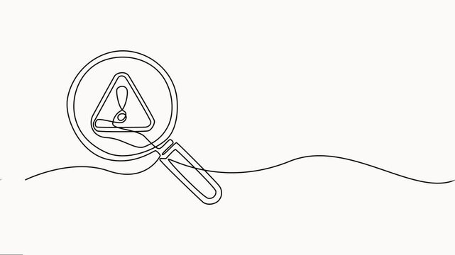 Continuous line art animation showing hand holding magnifying glass over warning symbol with triangle icon on white background minimalist vector graphic style.