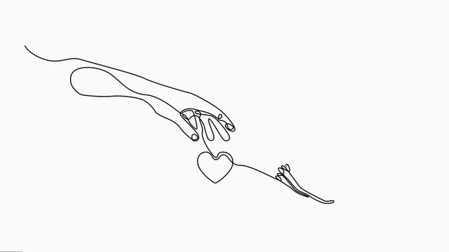 Continuous line drawing animation showing hand handing over heart symbol to another hand on simple white background representing love concept motion graphic.
