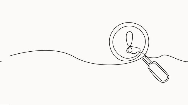 Continuous line drawing animation showing magnifying glass zooming into exclamation mark icon on white background minimalist business graphic design element.