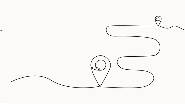 Continuous line drawing of a navigation pin icon animation appearing on a clean white background as a fluid motion graphic for digital maps and applications.
