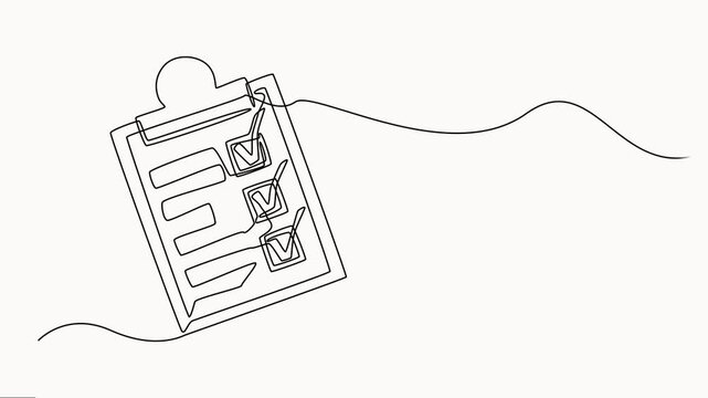 Continuous line drawing of clipboard with checkboxes for task list completion on white background showing successful project management and efficiency motion.