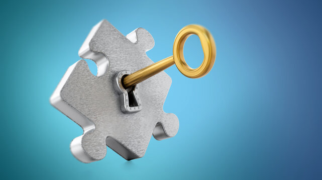Golden key unlocking metallic puzzle piece. 3D illustration