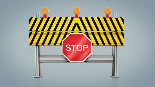 Road block with stop sign isolated on gray background. 3D illustration
