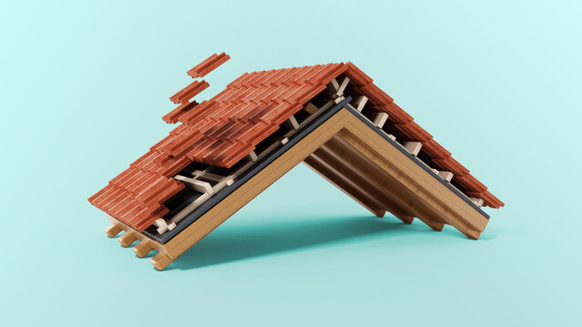 Roof construction detail isolated on green background. 3D illustration