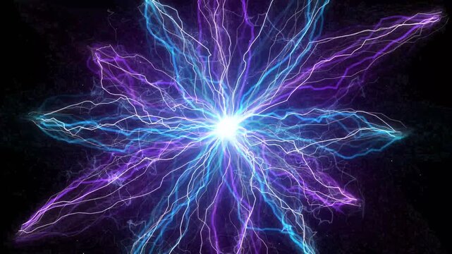 A vibrant digital explosion of blue and purple electrical energy sparks glowing against dark background