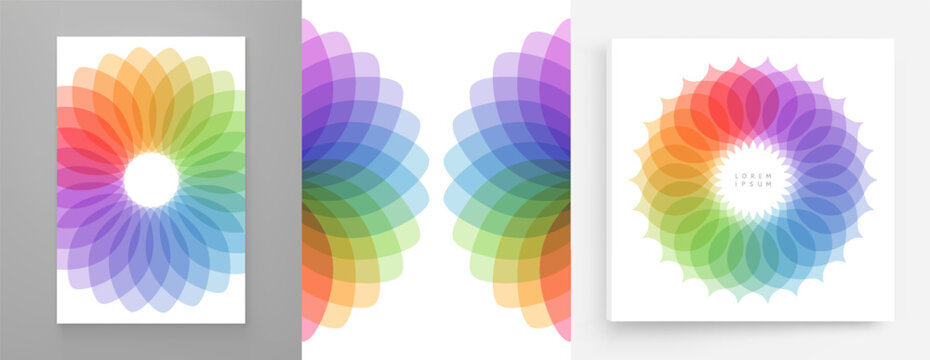 Circular frame made of colorful, semi-transparent leaves. Autumn wreath. Color gradient. Graphic design featuring overlapping elements. Space for text. Illustration for cover, card, decor or print.
