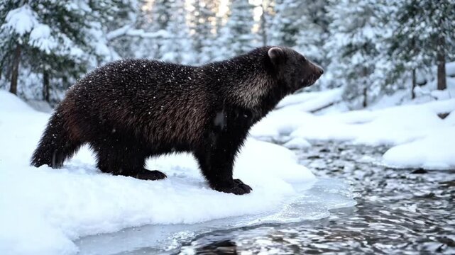 Wolverine by Icy Stream: A robust wolverine stands on a snow-covered bank next to a partially frozen stream, surrounded by a tranquil winter forest scene.