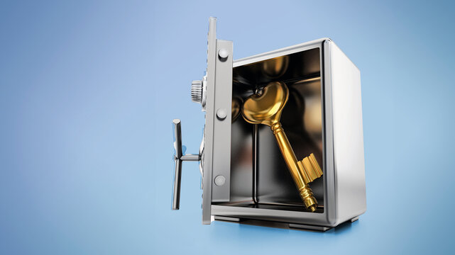 Gold key with heart shape inside steel safe. 3D illustration
