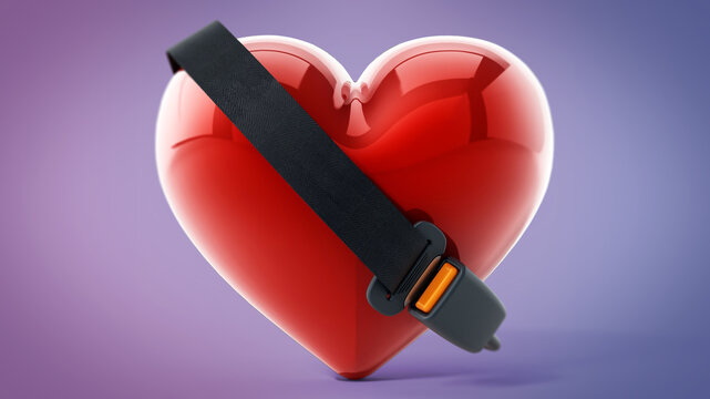 Seatbelt around the red heart. 3D illustration
