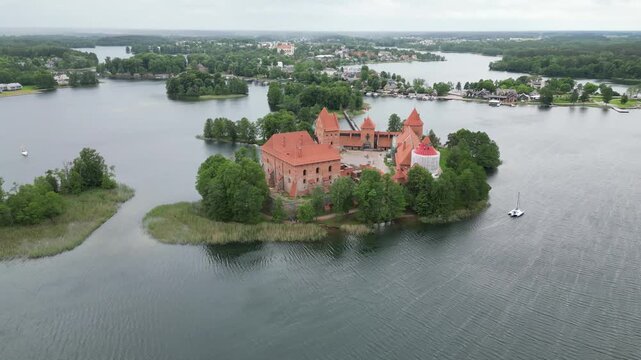 Aerial view of a Trakai castle on a small island in a lake in Lithuania