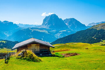 Masyw Sassolungo  w dolinie Val Gardena, zielone pastwiska, Dolomity  © grzegorz_pakula