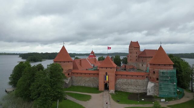 Aerial view of a Trakai castle on a small island in a lake in Lithuania