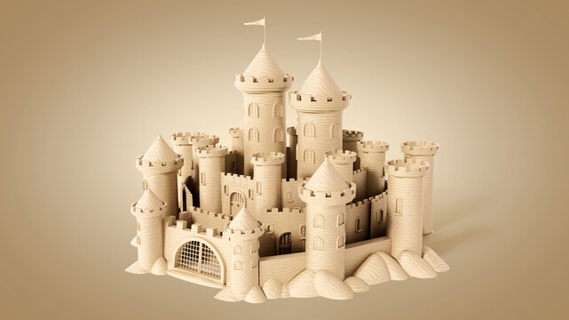 Elaborate sand castle standing on beach sand. 3D illustration