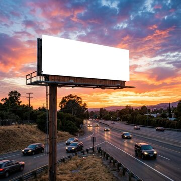 Blank Billboard at Sunset on Highway with Traffic Advertising Copy Space