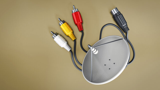 Satellite dish and S-video cables isolated on yellow background. 3D illustration