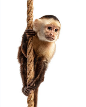 A capuchin monkey hangs from a thick rope, its curious gaze fixed ahead. The primate exhibits a blend of alertness and playful mischief, showcasing its agile dexterity. HD Quality, Stock Image
