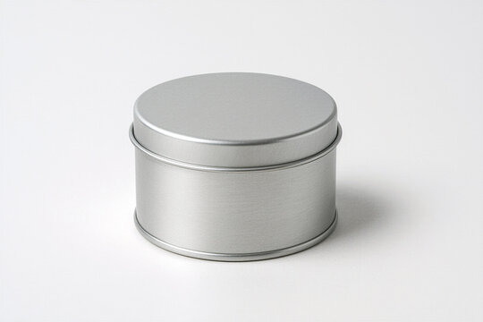 Blank silver metal tin jar mockup on white background for shoe polish, wax, balm or pomade. Minimalist round aluminum container packaging template for product branding.