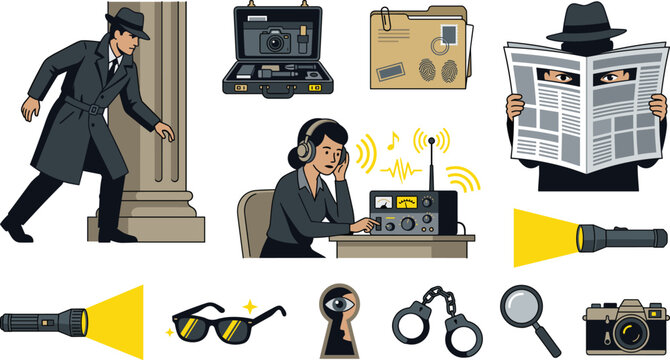 Detective Spy and Retro Espionage Element Set with Secret Agent Undercover Wiretapping Flashlight Camera and Handcuffs Vector Illustration