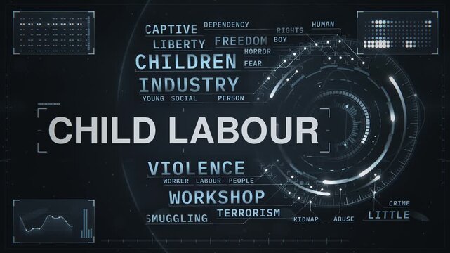 Child labour animated word cloud HUD, text design animation, seamless loop