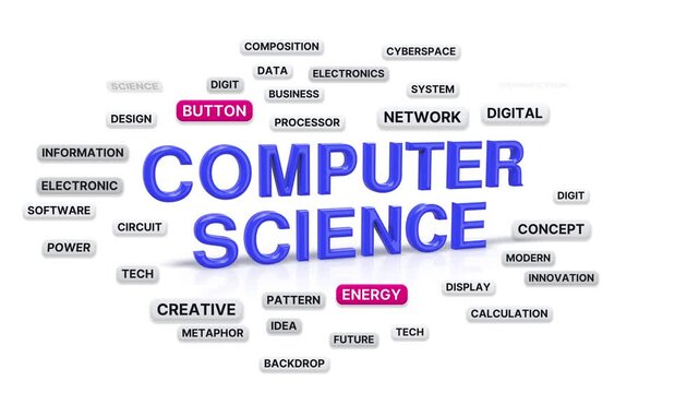 Computer science animated word cloud, 3d flip animation, seamless loop