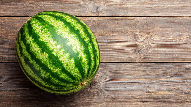 Whole green watermelon with striped rind on rustic wooden boards, overhead view with spacious natural texture and summer fruit styling for food photography