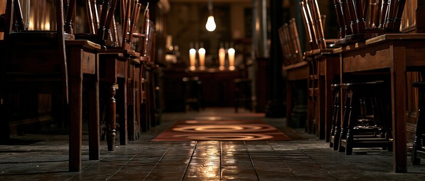 Atmospheric lowangle view down a candlelit church nave, flanked by dark mahogany pews. Warm glowing light draws the eye to the altar, evoking solemnity, faith, and timeless sacred.