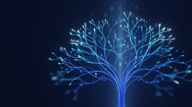Abstract glowing blue digital tree structure with branching lines on a dark background for design with illustrating complex interconnected branches outward against communication information