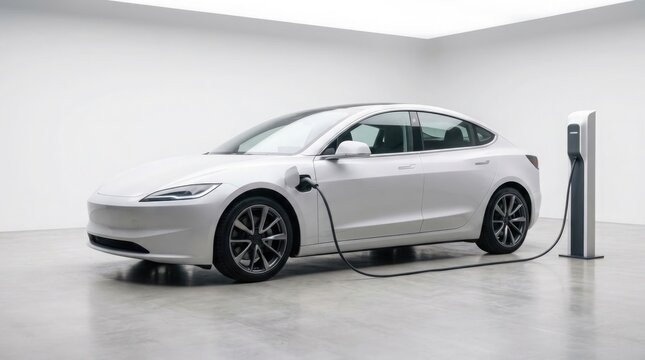 Sleek silver electric vehicle charging at a modern station inside a minimalist bright white garage environment