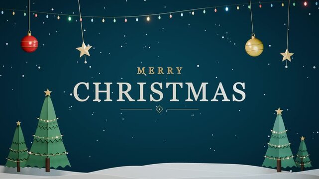 Merry Christmas greeting with swaying ornaments, trees and falling snow