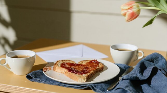 Heart shaped toast with strawberry jam and two espresso cups on a sunlit wooden table, a romantic breakfast setup for cafe promos and love themes