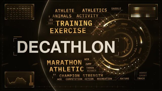 Decathlon animated word cloud HUD, text design animation, seamless loop