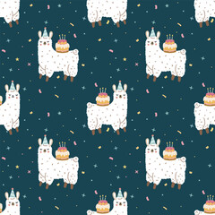 Fototapeta premium Funny Llama with birthday cake seamless pattern, lettering happybirthday
