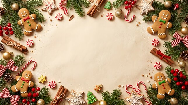 Festive christmas background featuring a decorative border of gingerbread cookies pine branches and holiday ornaments with copy space