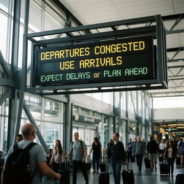 Airport departures congested sign with people walking by with luggage in a modern terminal