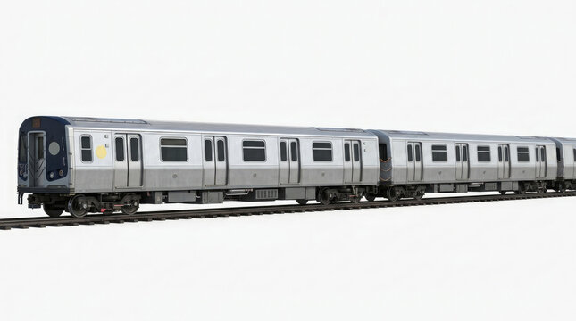 Modern silver subway train traveling on tracks with a blurred background representing city commuting and public transportation